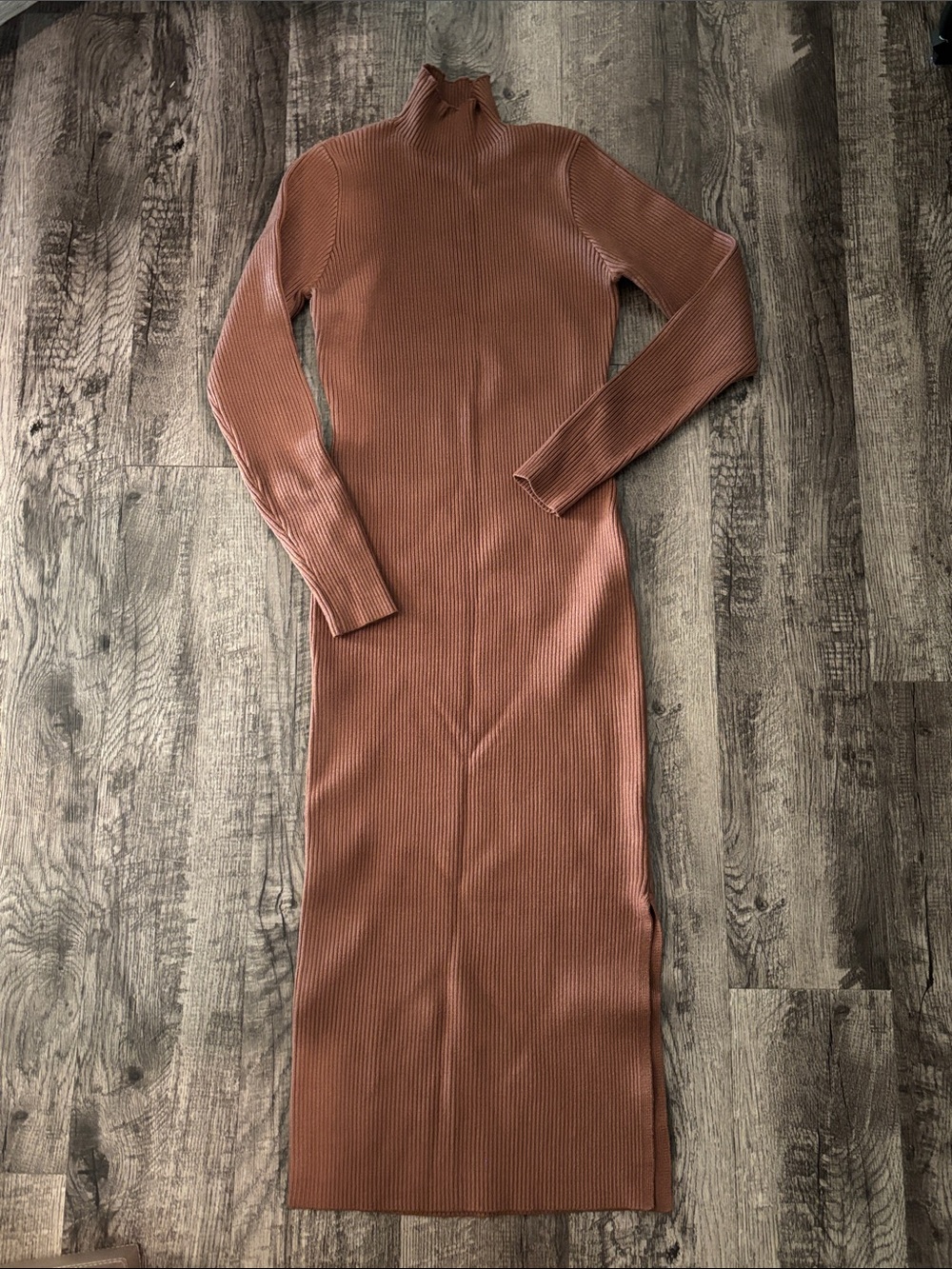 Ribbed Long Sleeve Turtleneck Midi Dress - Rust - Size Medium
